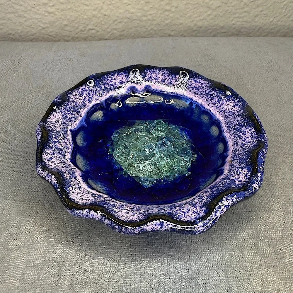 Trinket Dish - Fused Glass Art Pottery Purple/Blue Dish - USA, Down To Earth - Picture 2 of 16